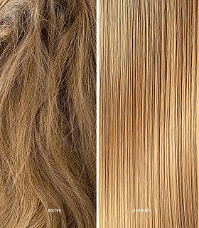 Antes y después de la terapia molecular en el cabello.